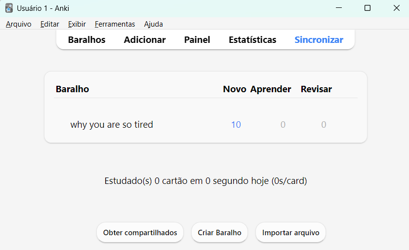 Tela principal do Anki com deck importado