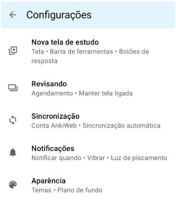 App Anki mobile com menu de configurações