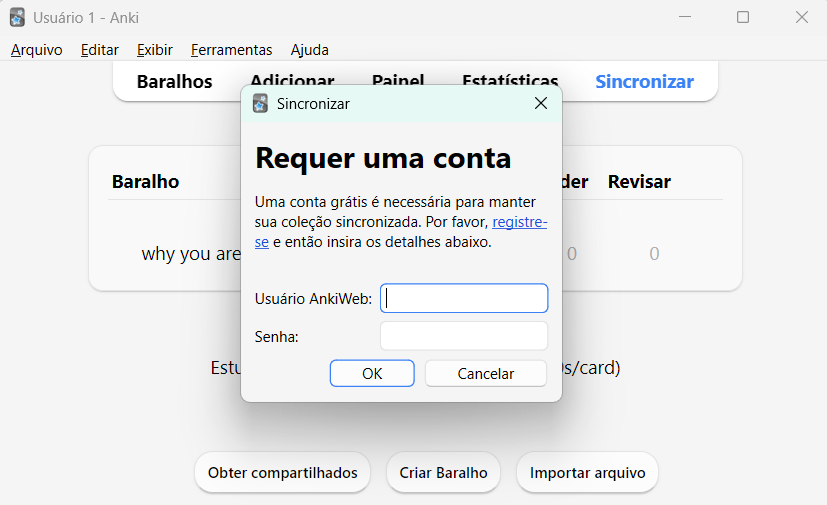 Botão de sincronizar e janela de login do Anki