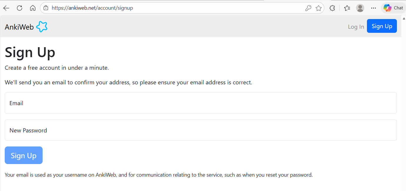 Página de registro do AnkiWeb