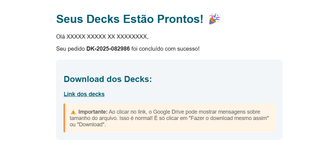 Email com link de download dos decks